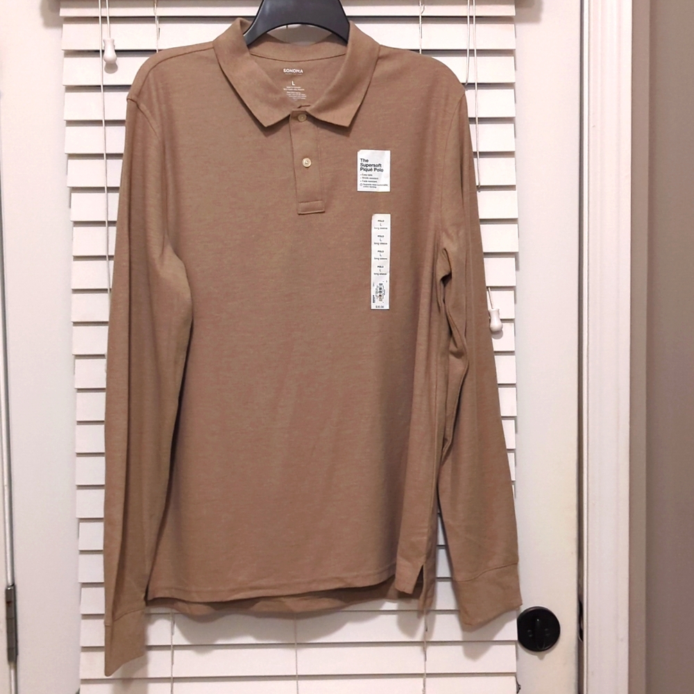 NWT L Sonoma Long Sleeve The Supersoft Pique Polo Color: Tan